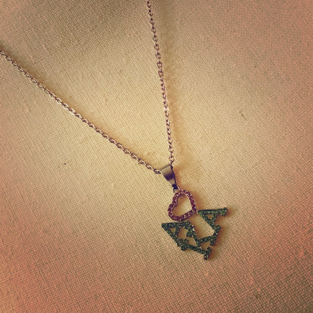 AKA Sorority Pink Green Heart Rhinestone Necklace